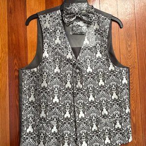EJ Samuel Black and Silver Brocade Waistcoat and Bowtie Set